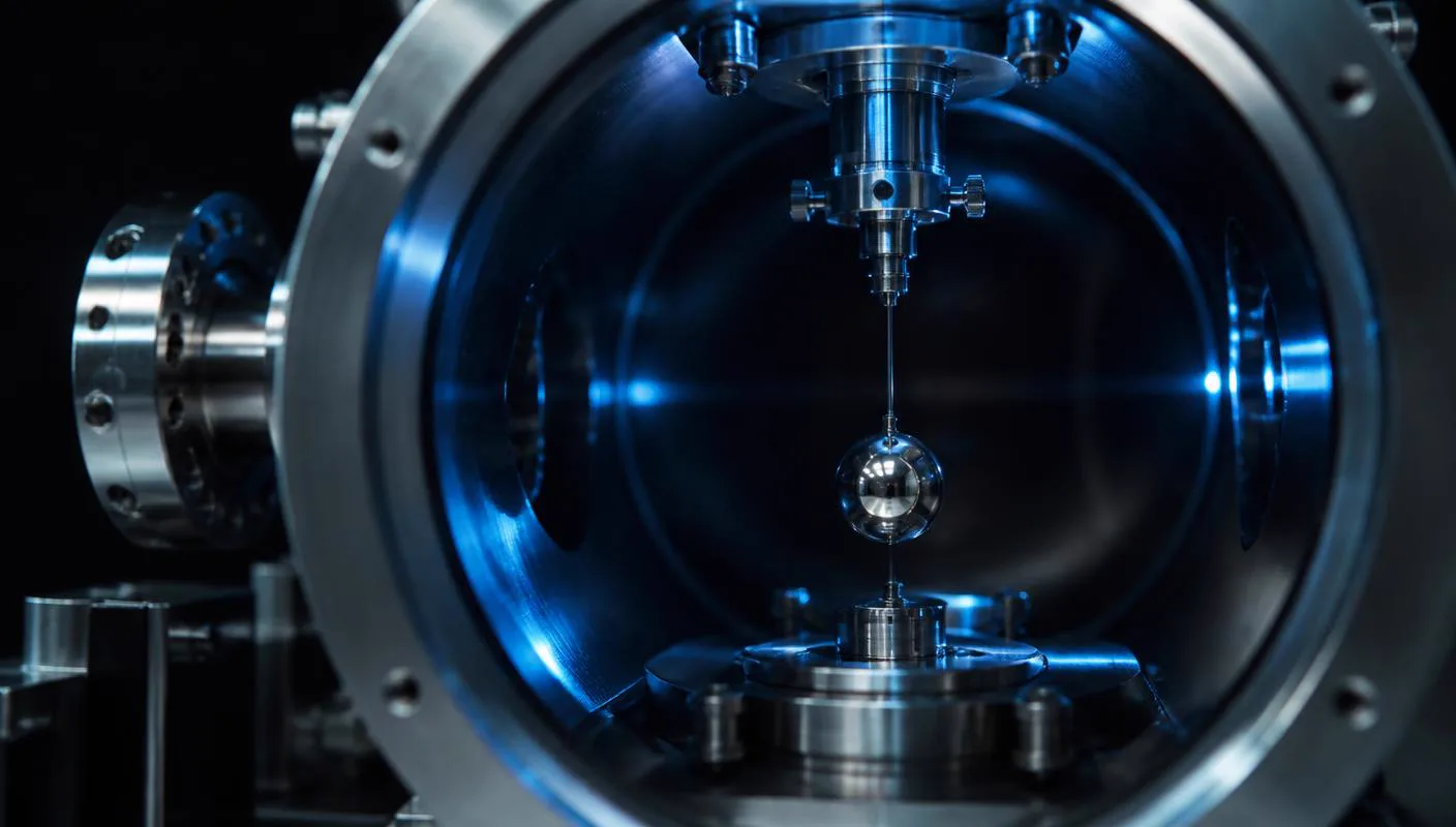 Suspended polished test mass on a fine fibre inside a stainless steel vacuum chamber