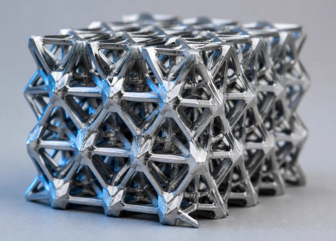 Close-up of an engineered metamaterial lattice with repeating geometric cells