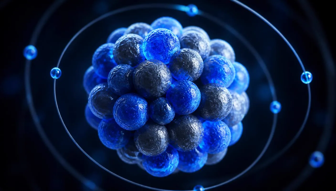 Rendered cluster of nucleons forming an atomic nucleus, lit in electric blue against deep navy