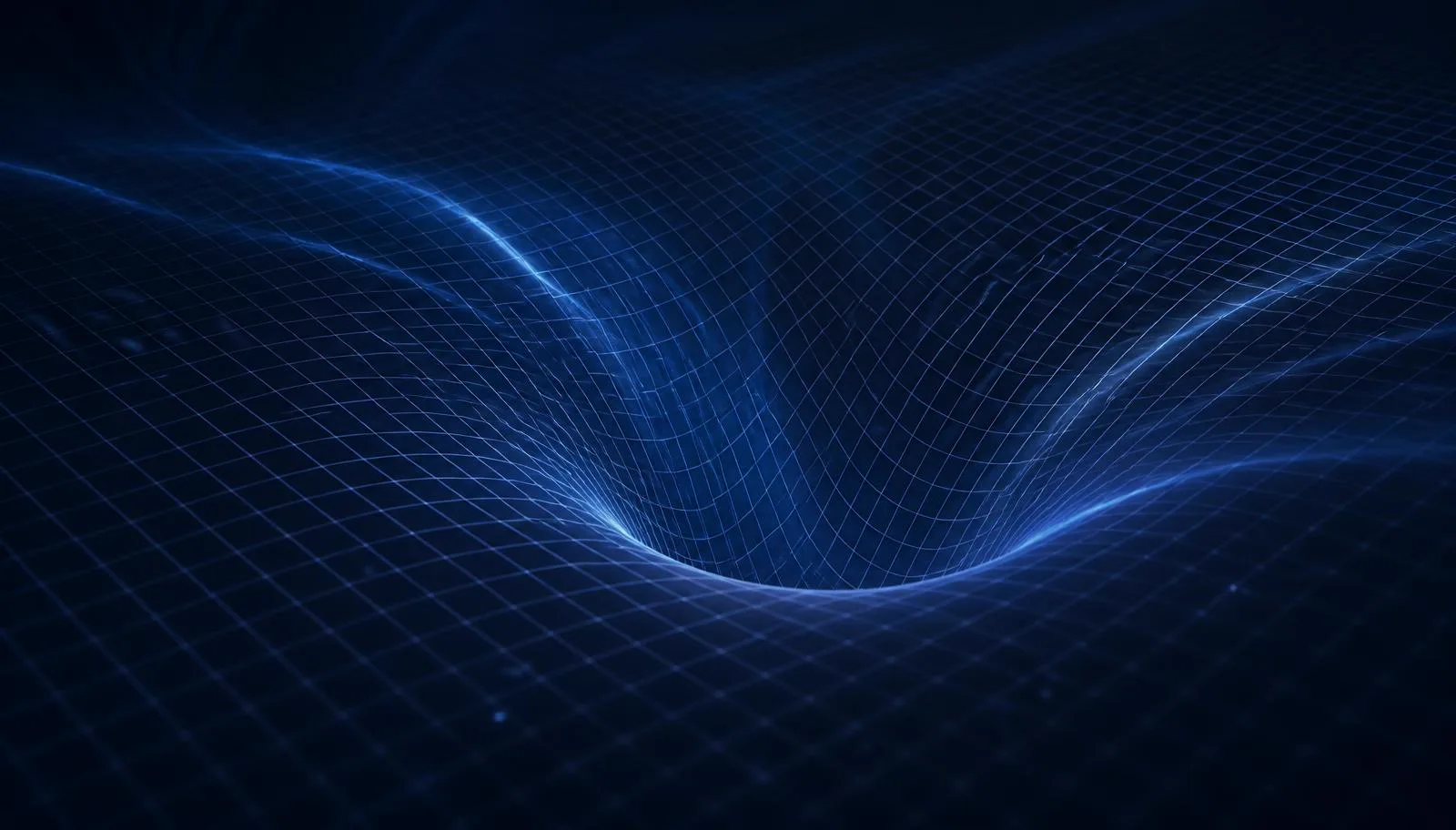 Visualisation of a luminous grid curving into a gravitational well against deep navy