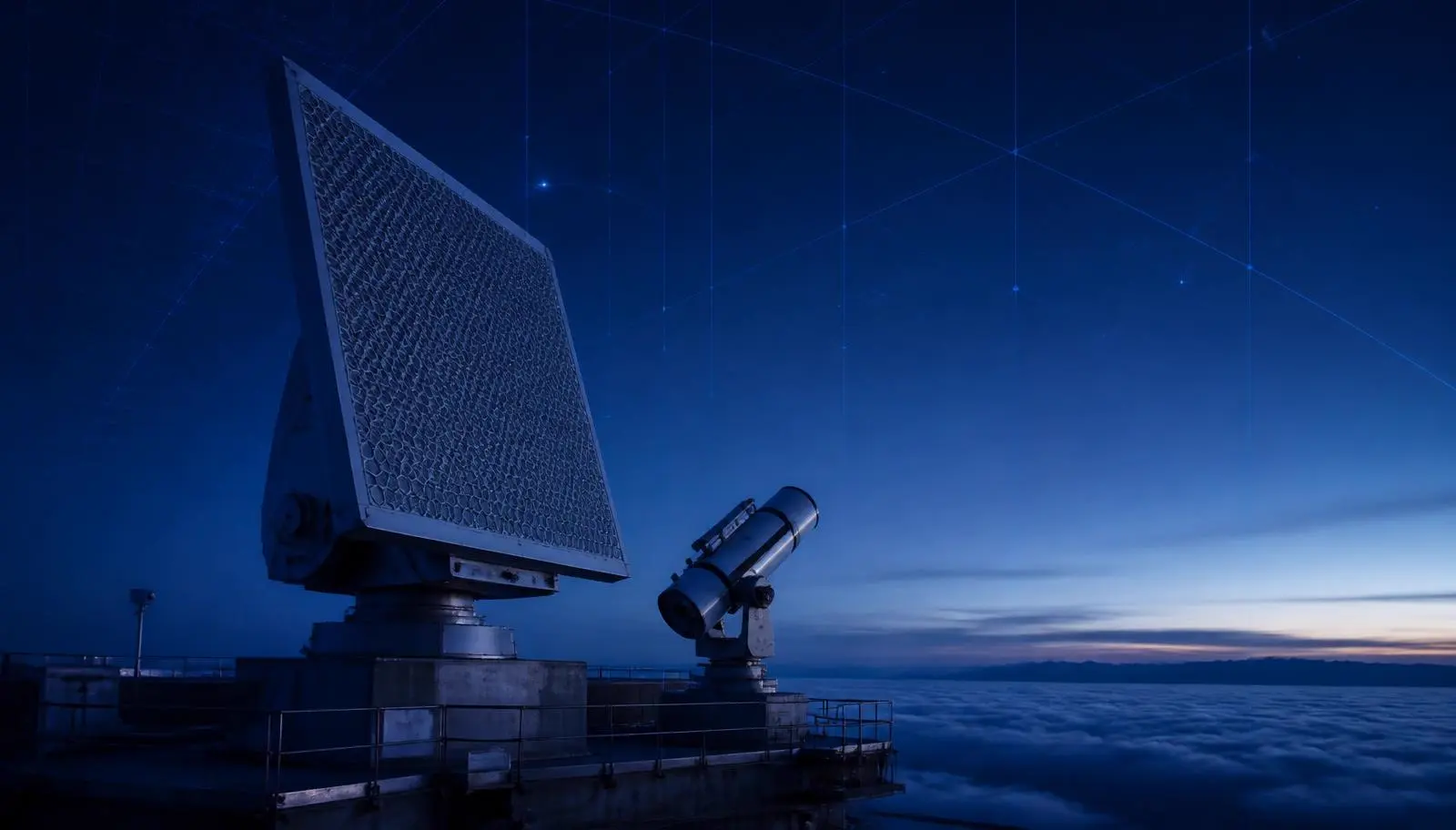 Phased-array radar panel and optical tracking instrument observing a twilight sky above a cloud layer