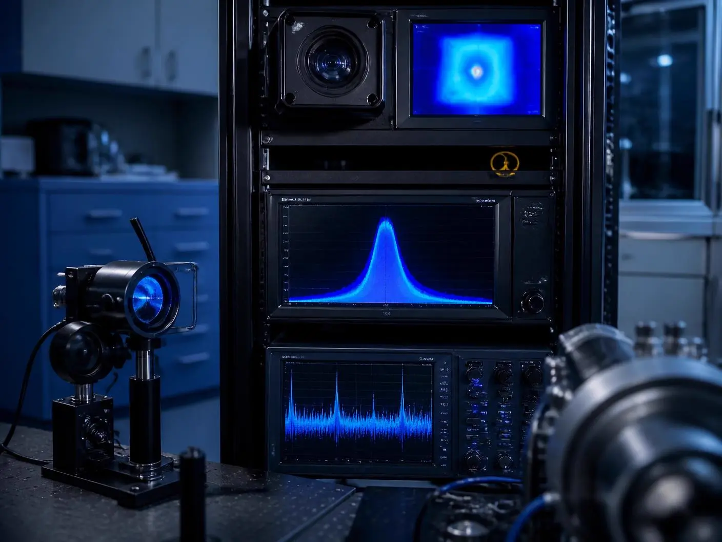 Laboratory instrumentation rack with infrared camera, spectrometer and radio-frequency spectrum analyser displays